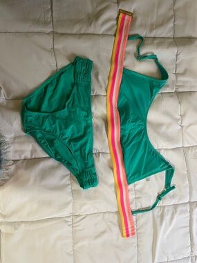 Women’s Green Bikini Set with Multicolor Waistband